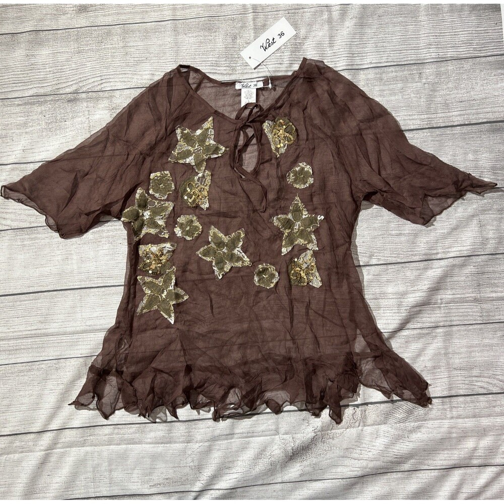 West 36th Silk Sheer Beaded Embroidered Sz L Blouse Top Brown Beachy Festival